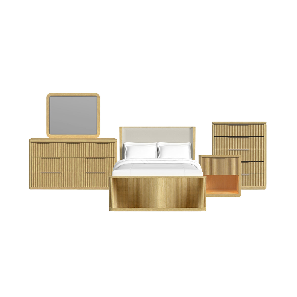 Sylvie Queen UPH 5PC Bedroom Set with White Fabric in Natural