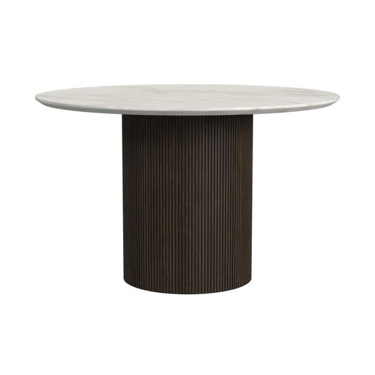 Sylvie Round Dining Table with White Faux Marble Top in Dark Brown