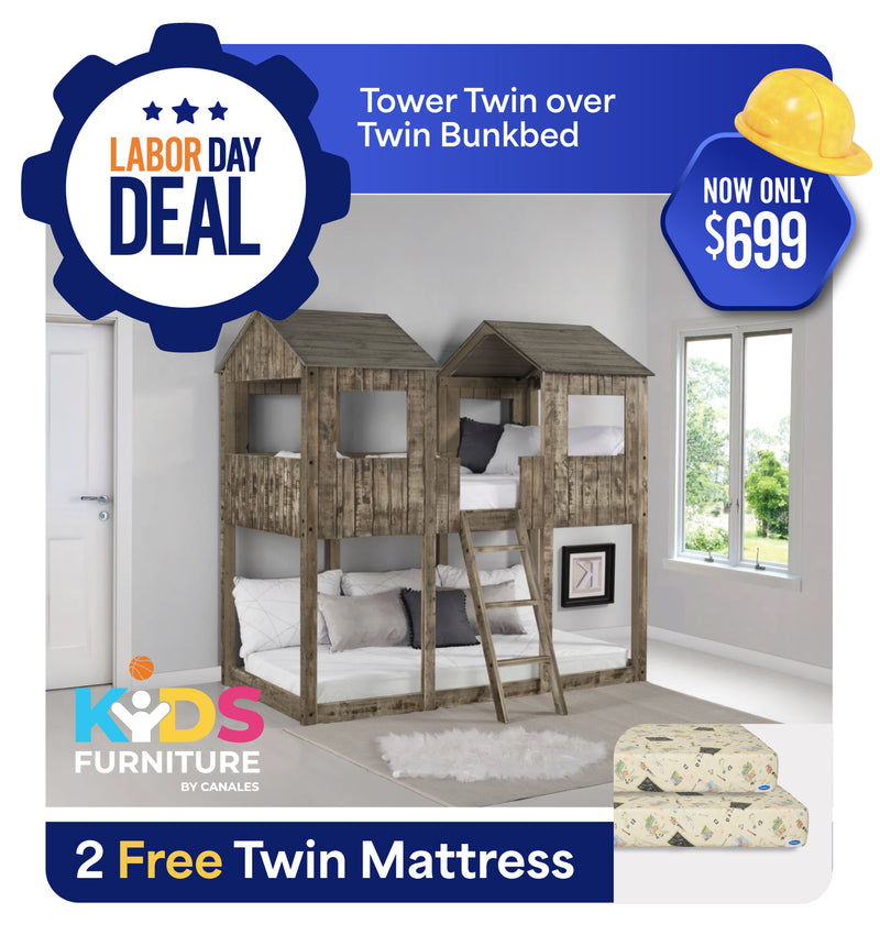 Tower Twin over Twin Bunkbed + 2 Free Twin Mattress