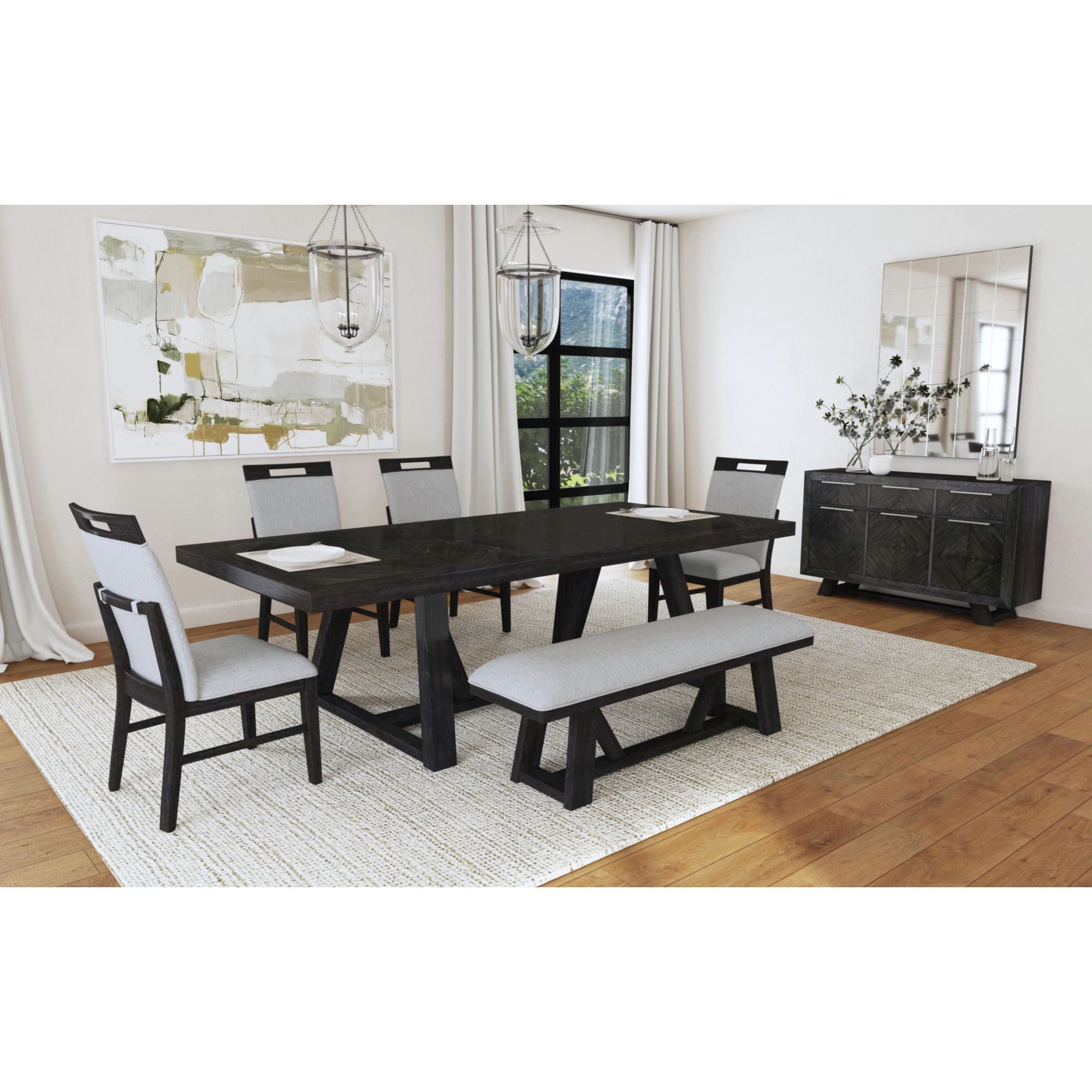 Transcend 6PC Standard Height Dining Set in Charcoal-Table, Four Chairs & Bench