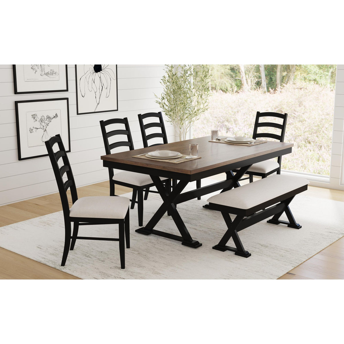 Tulane 6Pc Dining Set With Table, 4 Chairs, And Bench In Oak And Black