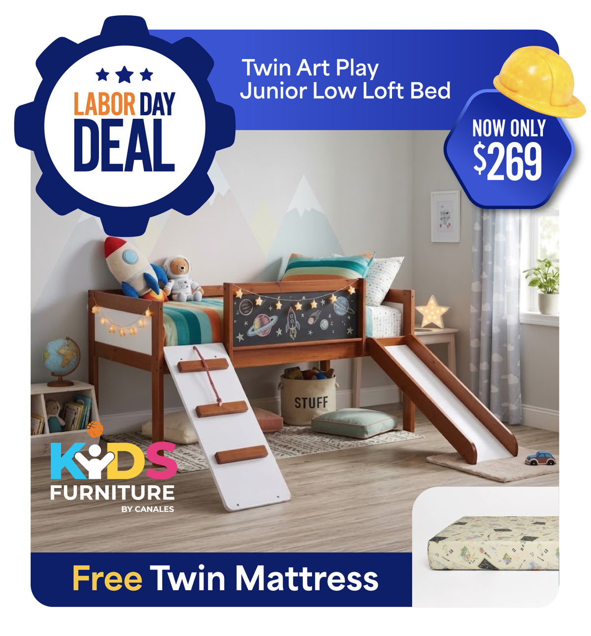 Twin Art Play Junior Low Loft Bed + FREE Twin Mattress