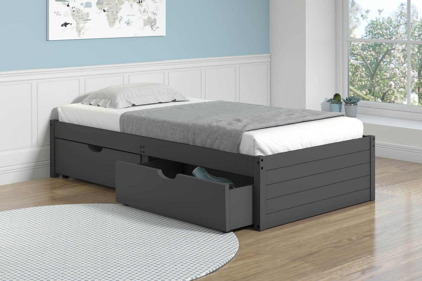Cama individual con plataforma en color gris oscuro