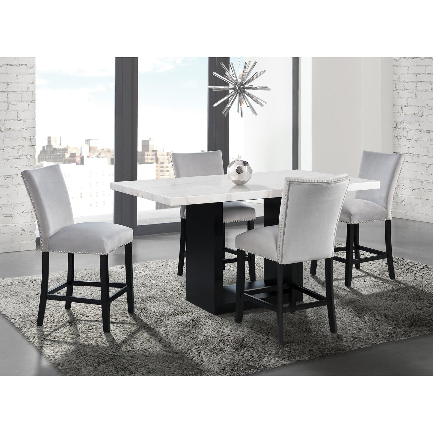 Valentino White 5PC Counter Height Dining Set - Table & Four Grey Chairs