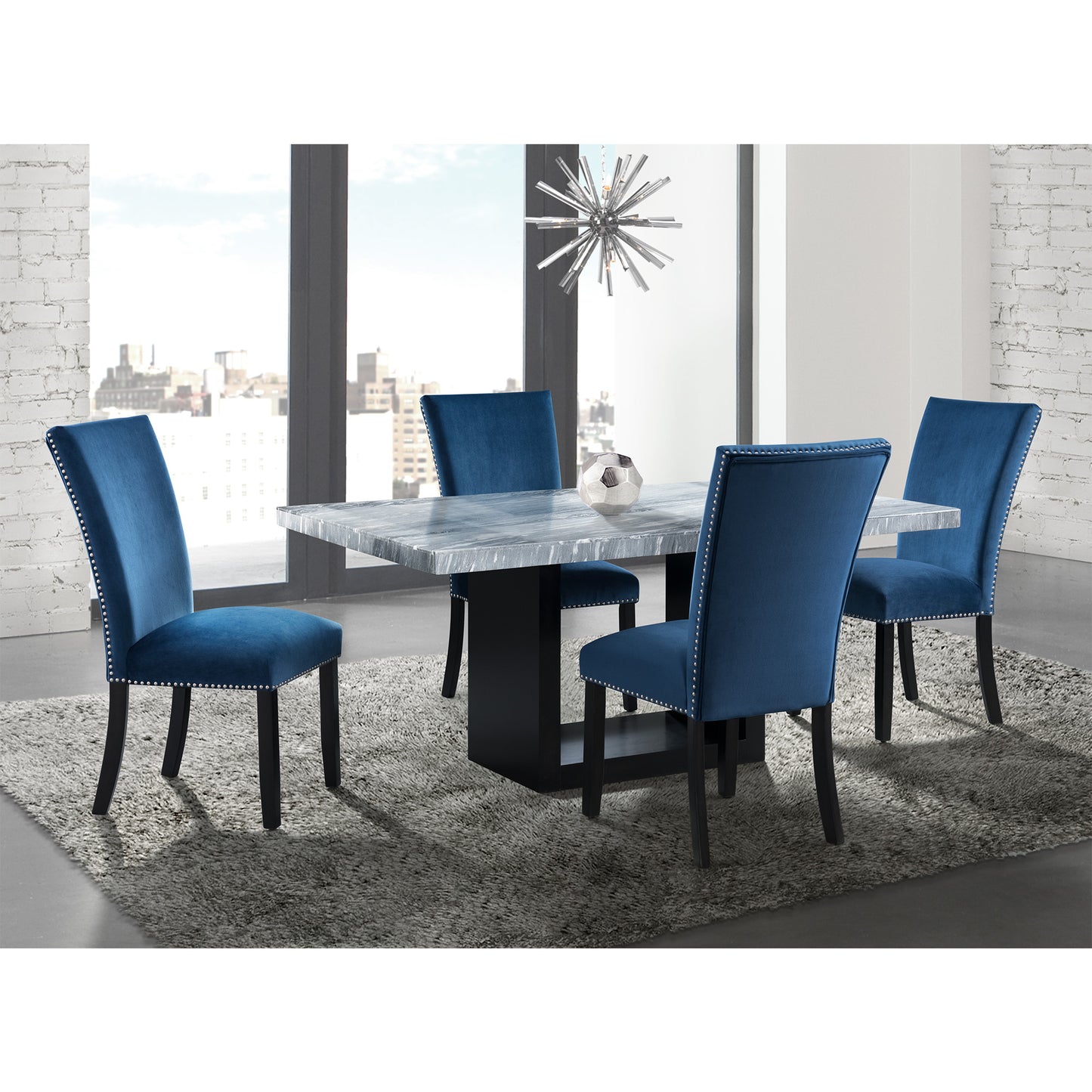 Valentino White 5PC Dining Set-Table & Four Blue Chairs