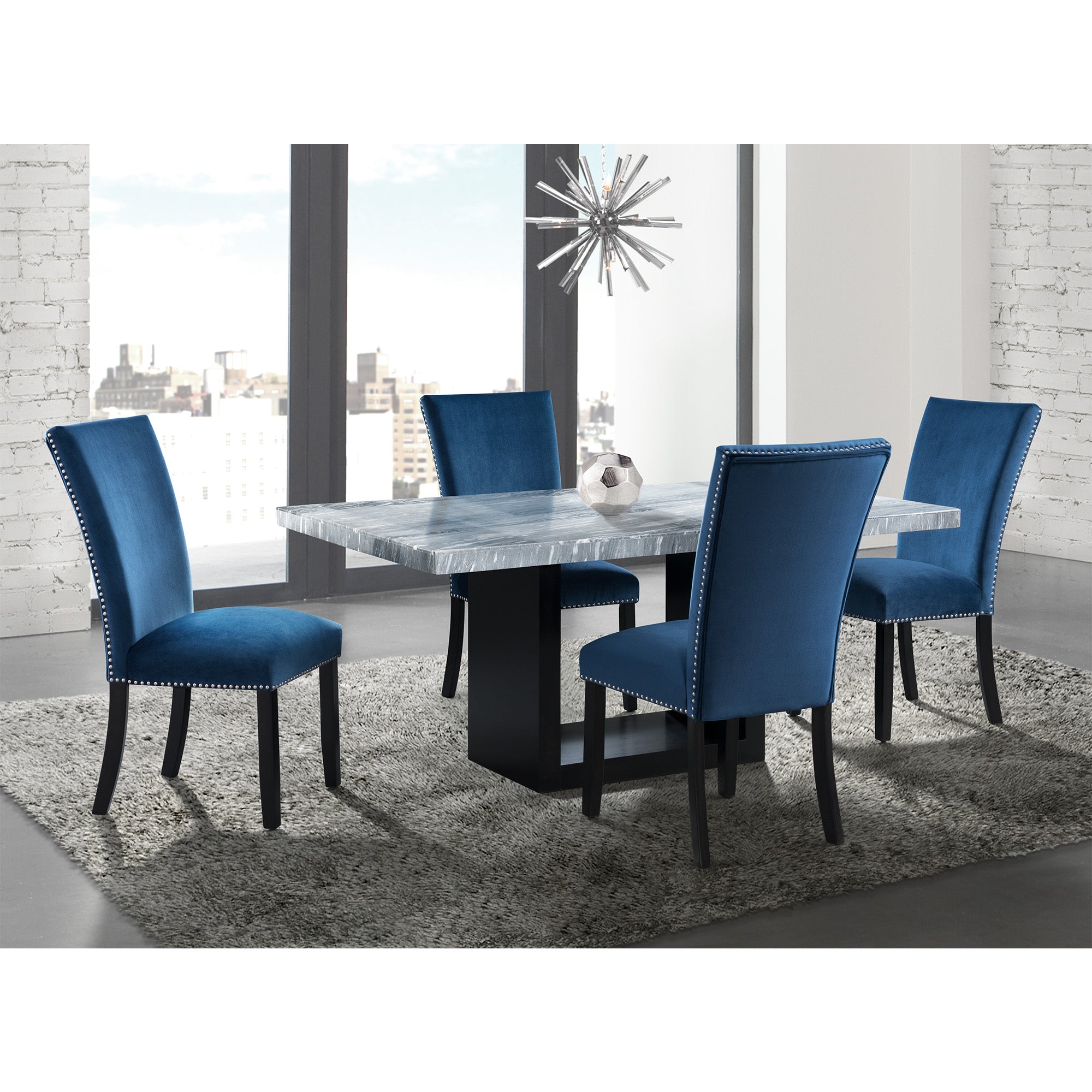 Valentino White 5PC Dining Set-Table & Four Blue Chairs