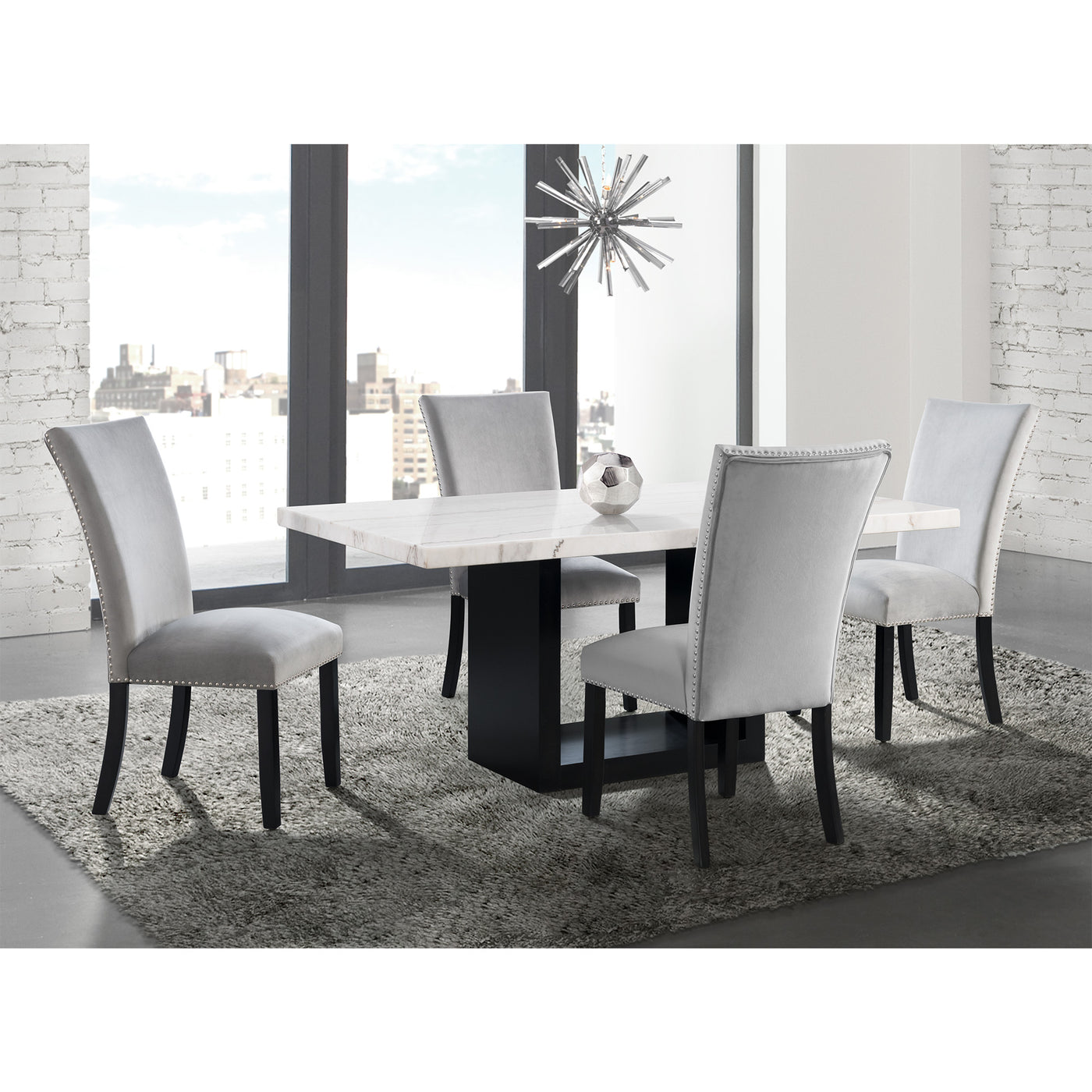 Valentino White 5PC Dining Set-Table & Four Grey Chairs