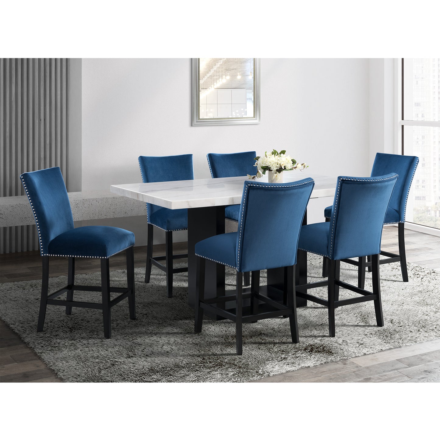 Valentino White 5PC Dining Set-Table & Four Blue Chairs