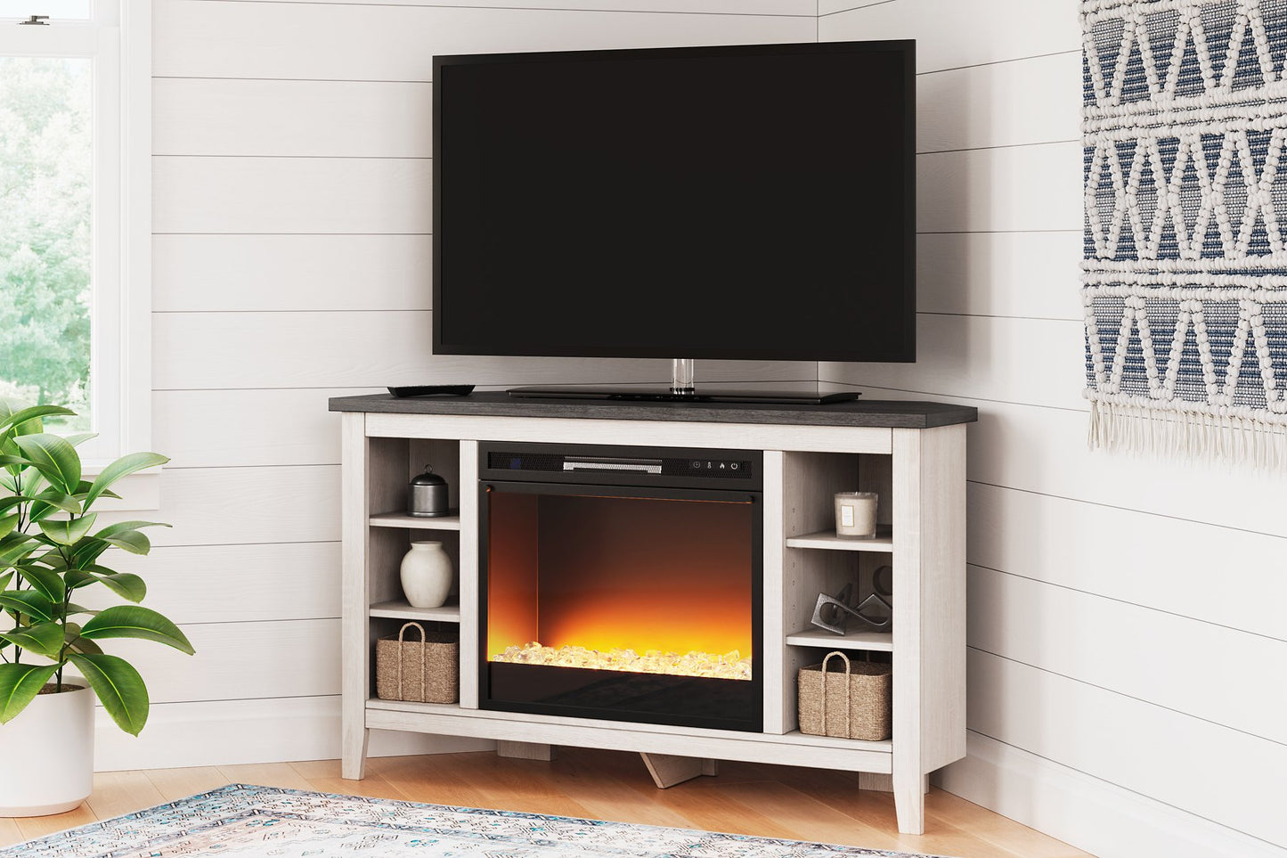 Mueble de TV esquinero Dorrinson con chimenea eléctrica