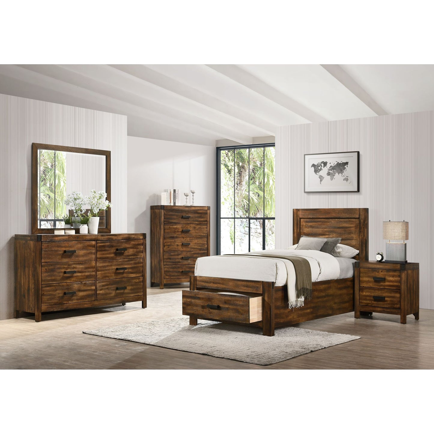 Warner Twin 5PC Platform Storage Bedroom Set In Chestnut
