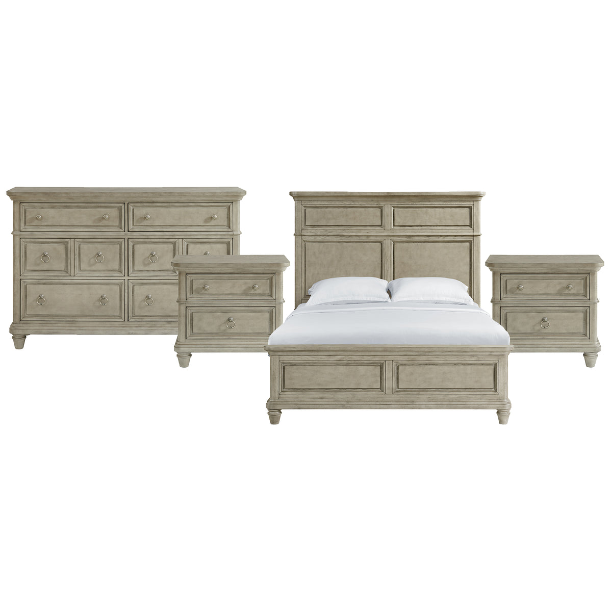 Whit-Ash Queen 4PC Bedroom Set with 2 Nightstands & Dresser in Light Grey