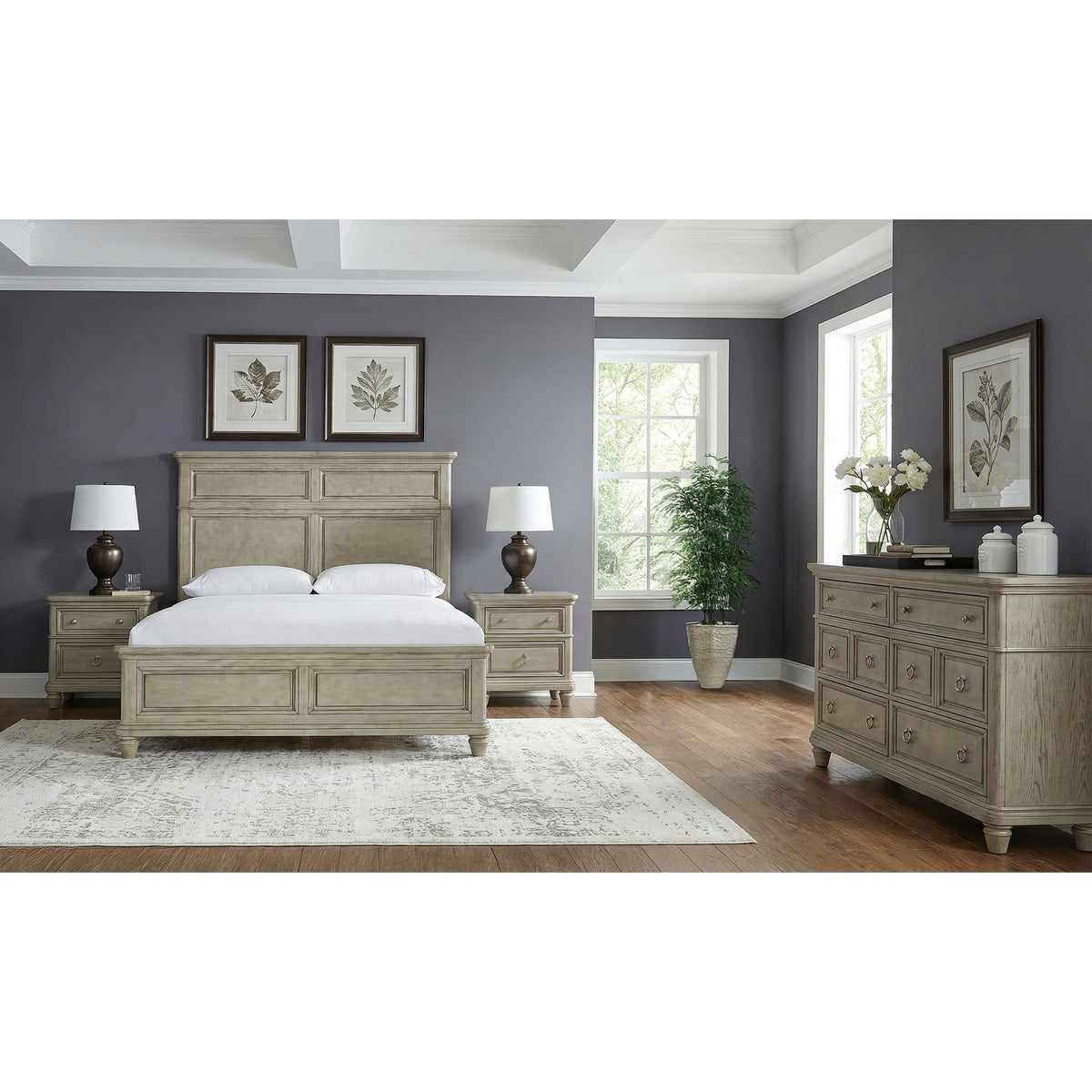 Whit-Ash Queen 4PC Bedroom Set with 2 Nightstands & Dresser in Light Grey