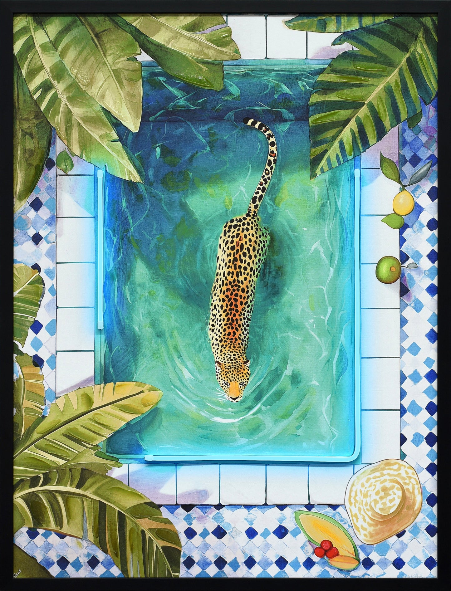 Poolside Prowl Hand-Embellished LED Canvas in Frame