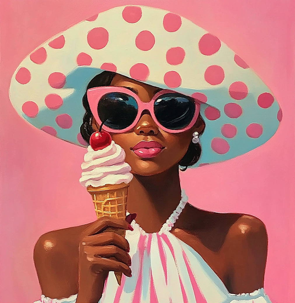 ''Ice Cream on Pink'' Hand-painted Gloss Canvas