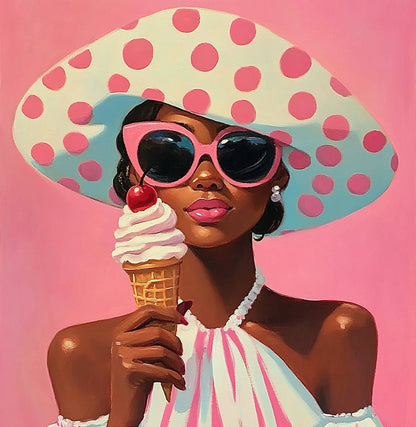 ''Ice Cream on Pink'' Hand-painted Gloss Canvas