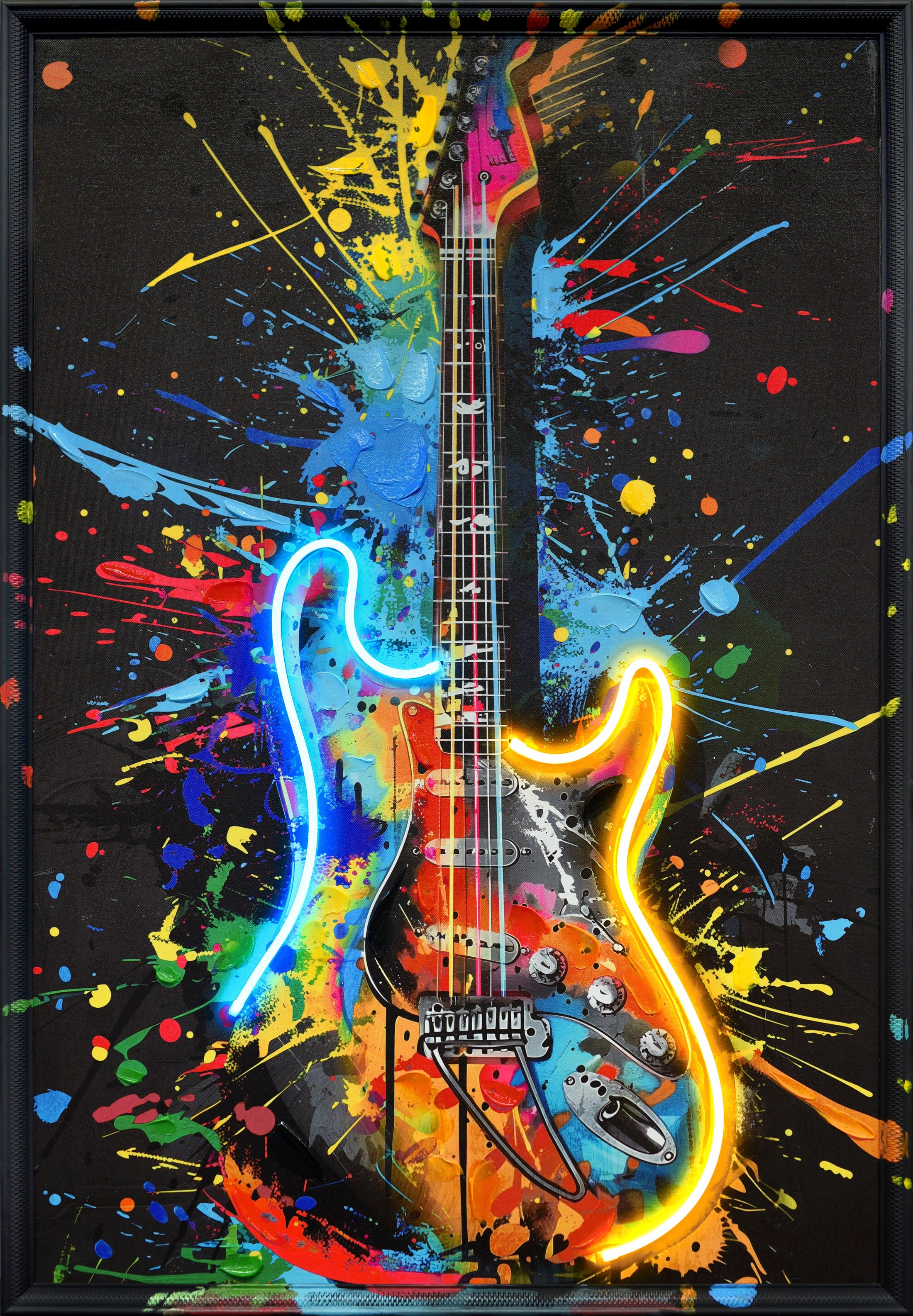 ''Vivid Neon Guitar Wall Art'' Hand-painted LED in Frame