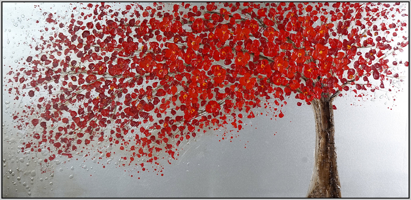 ''Crimson Blossom Metallic Tree'' Hand-painted Canvas in Frame