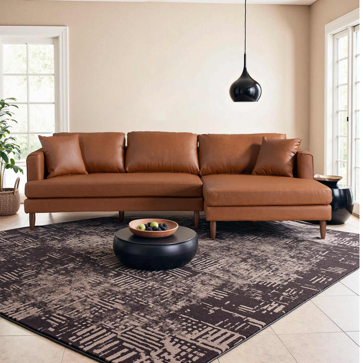 Blake L-Shaped Cognac Vegan Leather Sectional Sofa Right Facing