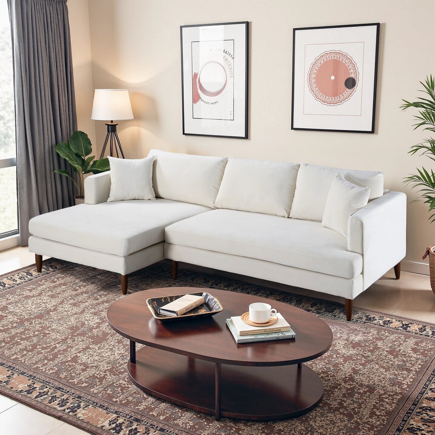 Blake L-Shaped Cream Velvet Sectional Sofa Left Facing