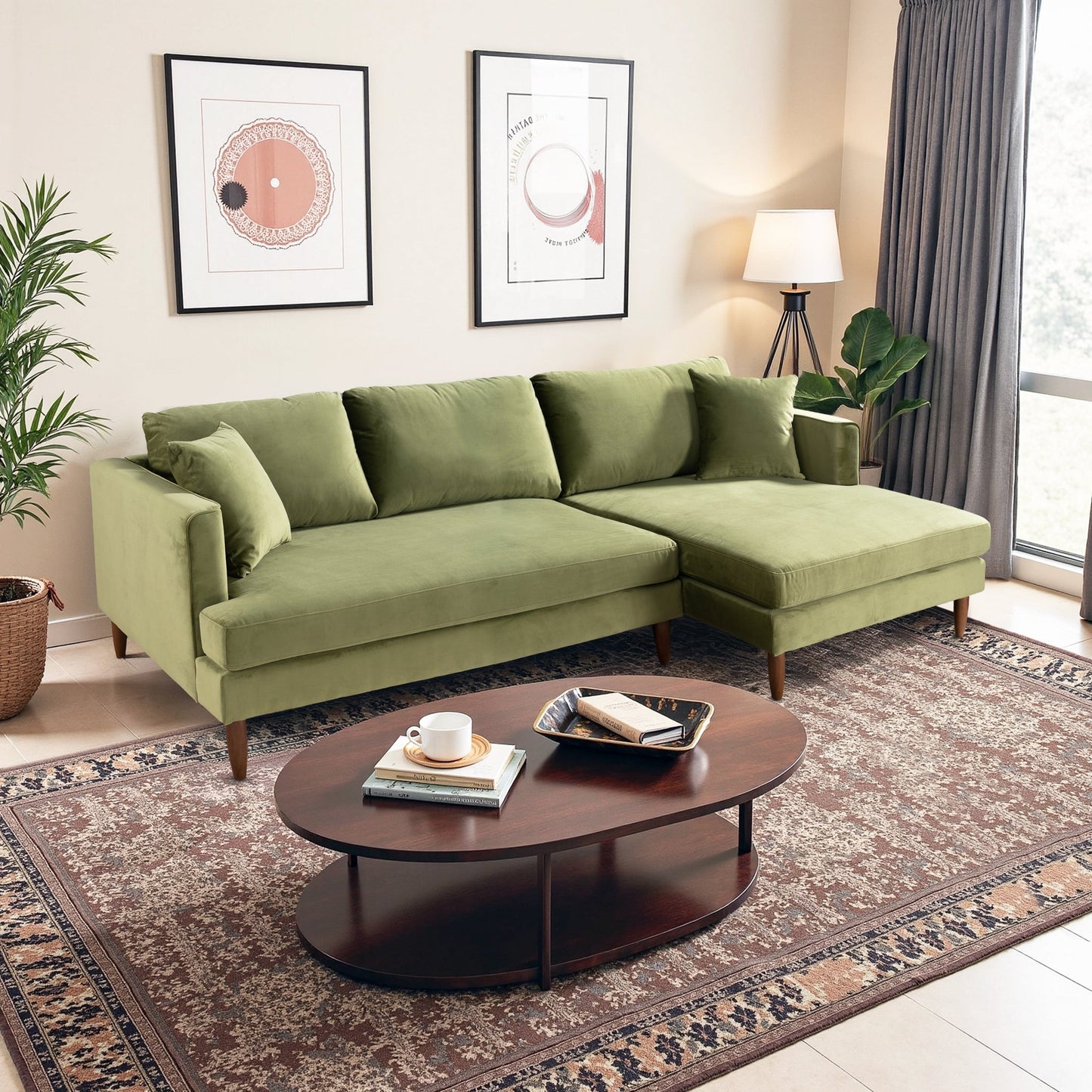 Blake L-Shaped Olive Green Velvet Sectional Sofa Right Facing