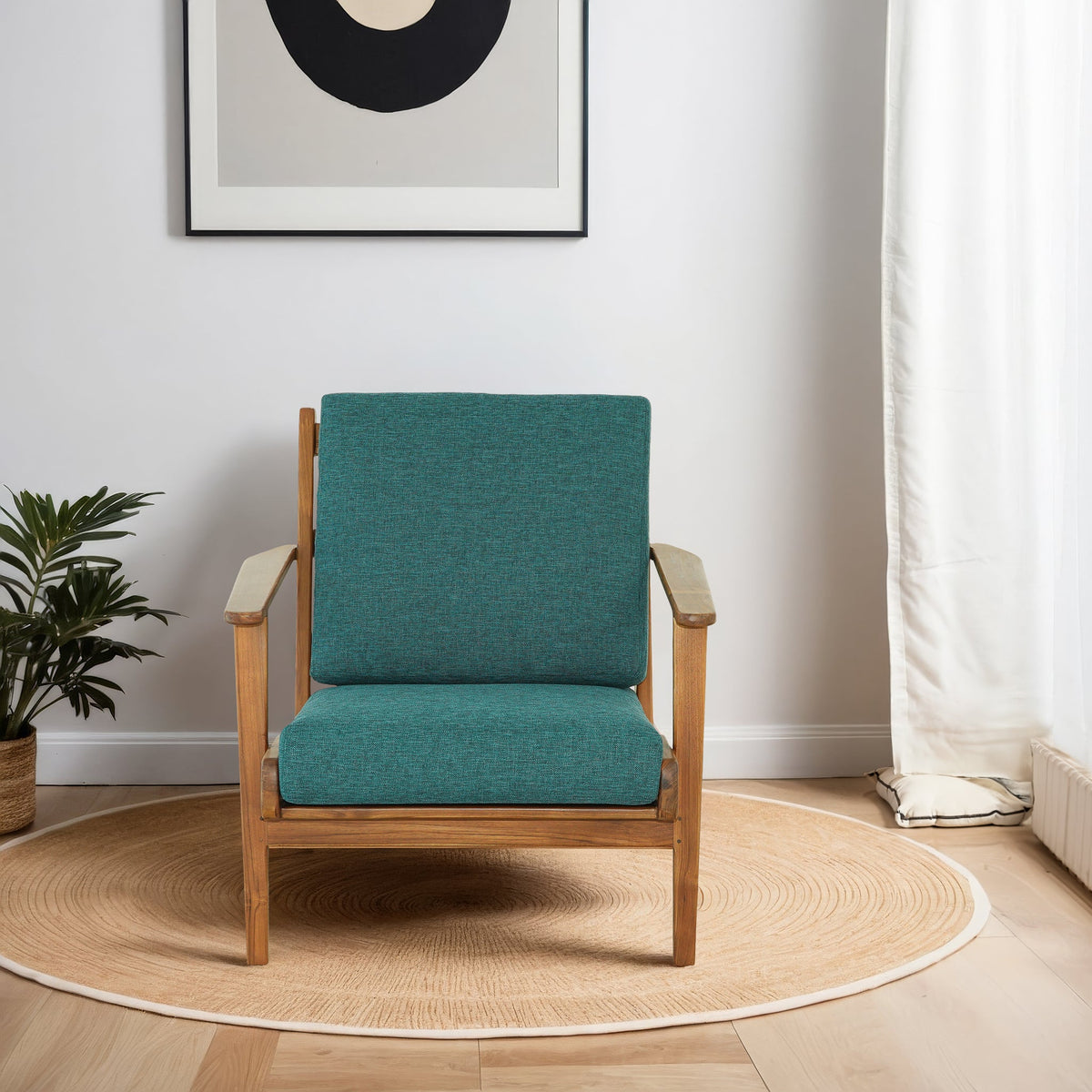Sillón Connor de madera maciza y lino - Verde azulado
