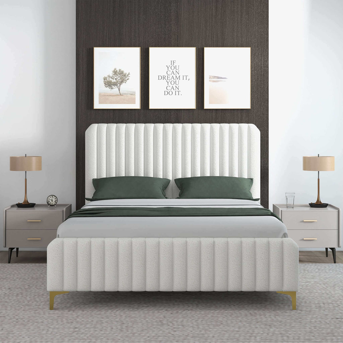 Cama Valery Queen Size color crema con plataforma de bouclé