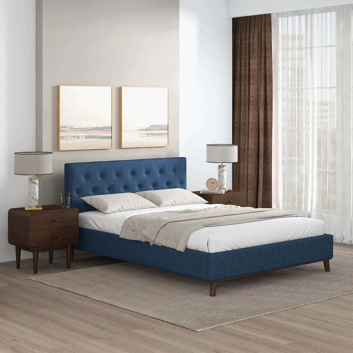Cama Queen Graceville con plataforma de lino azul marino