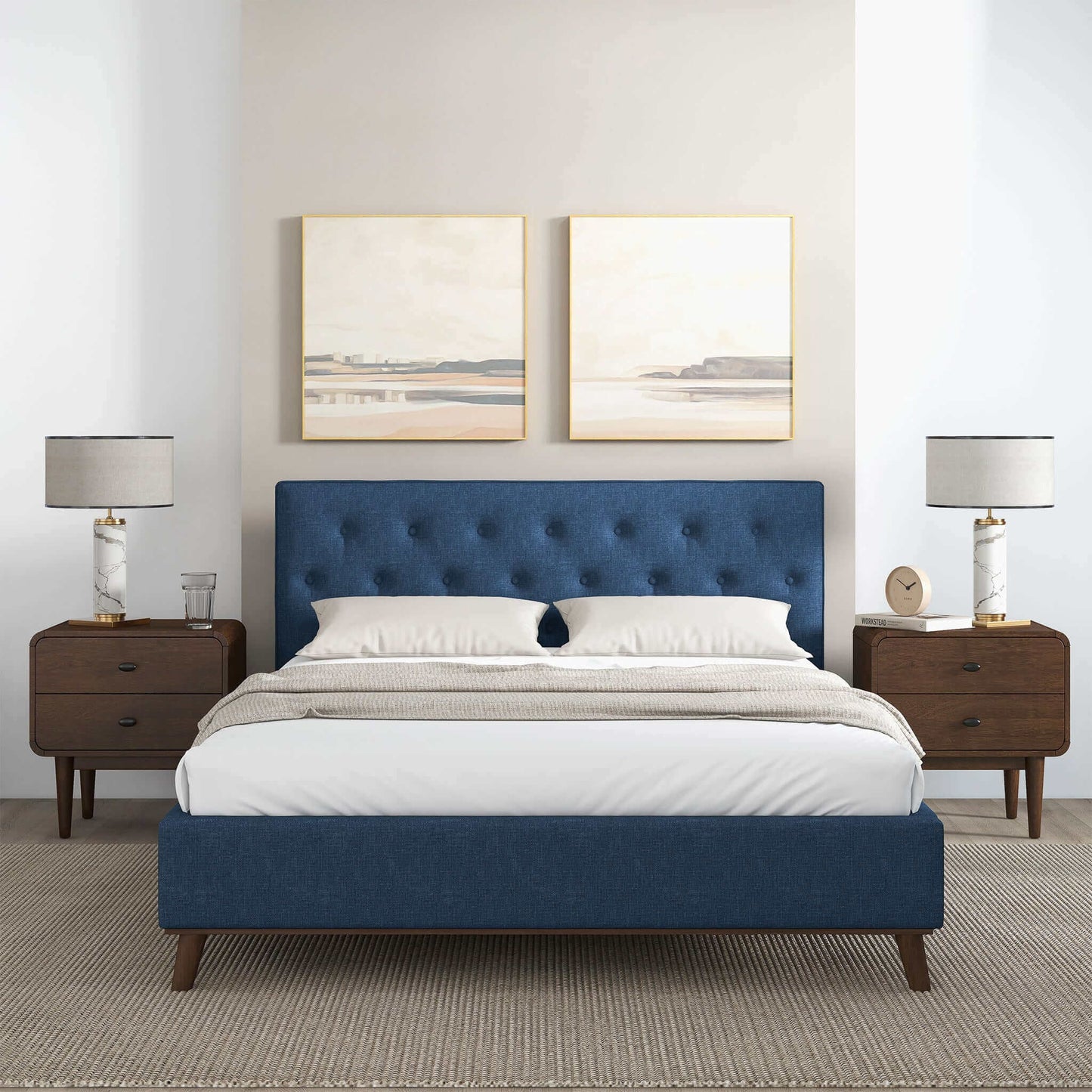 Graceville Queen Platform Bed Navy Blue Linen