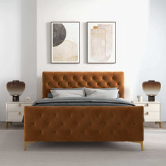 Cama tamaño king de terciopelo Bailey color coñac
