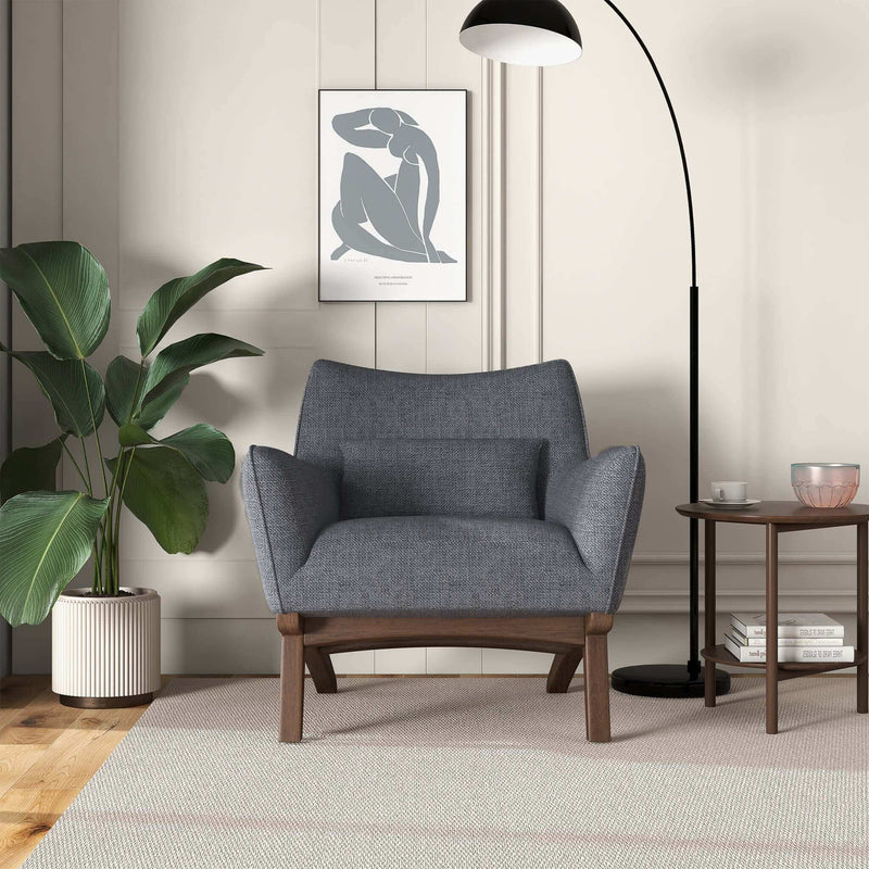 Sillón Brayden de lino gris estilo moderno de mediados de siglo con diseño de lado marino