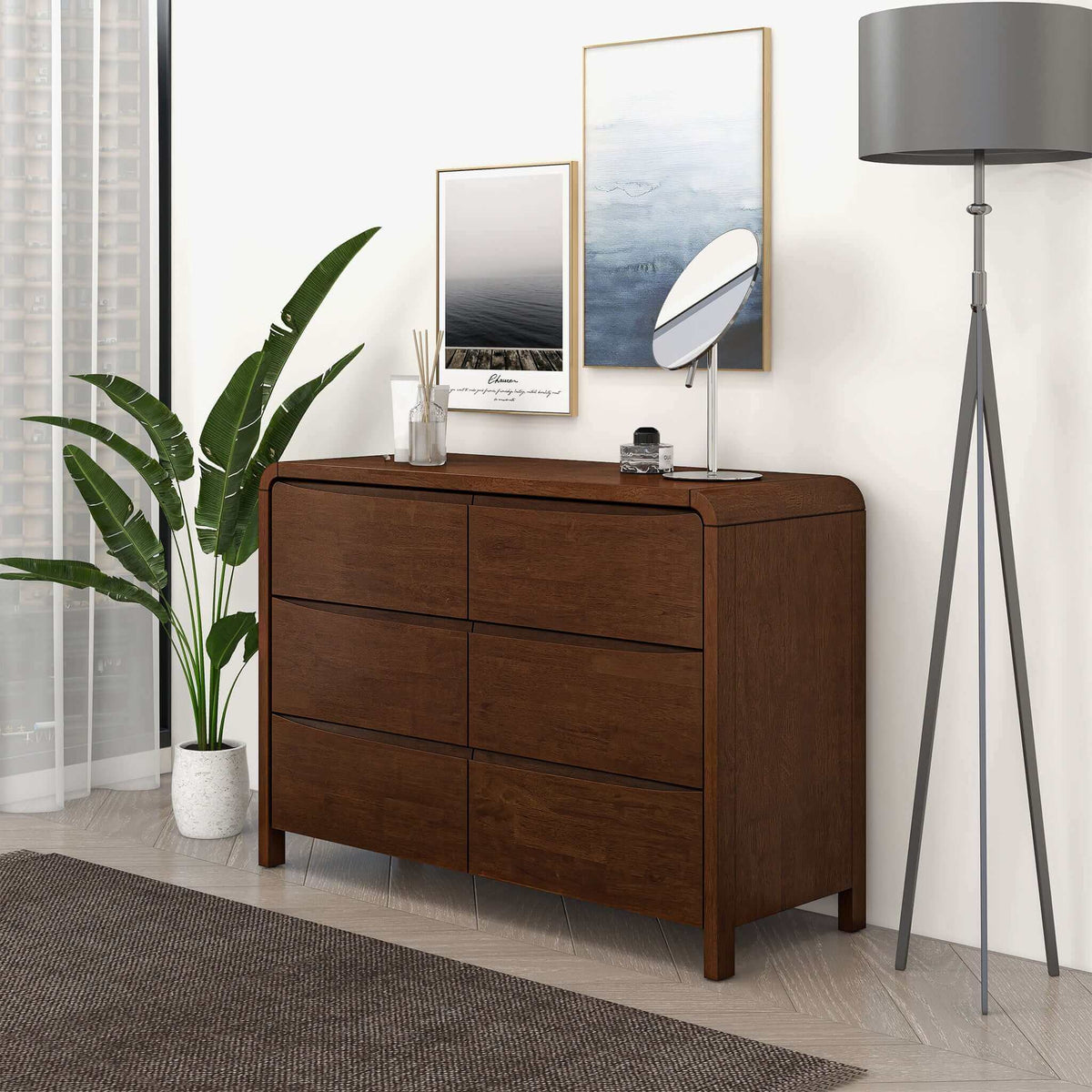 Cómoda Lionel de madera maciza de seis cajones, estilo moderno de mediados de siglo