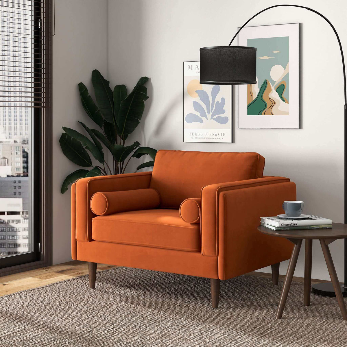 Sillón de terciopelo color naranja quemado ámbar