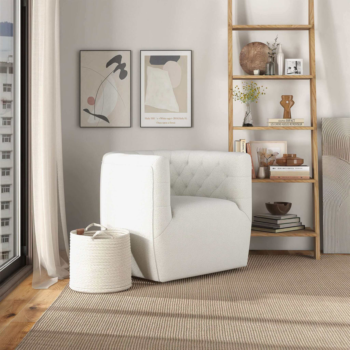 Silla giratoria Delaney color crema Boucle