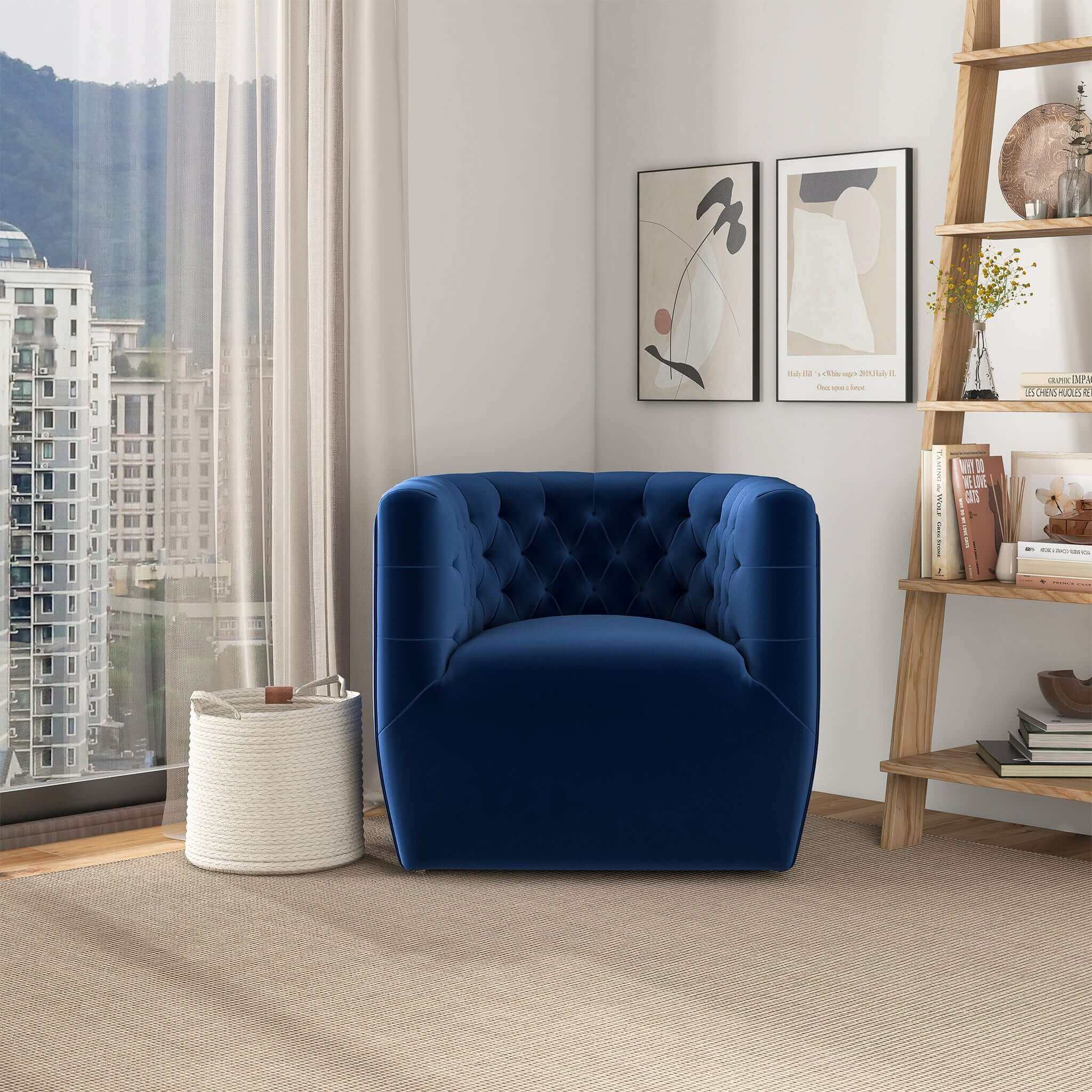 Silla giratoria Delaney de terciopelo azul oscuro