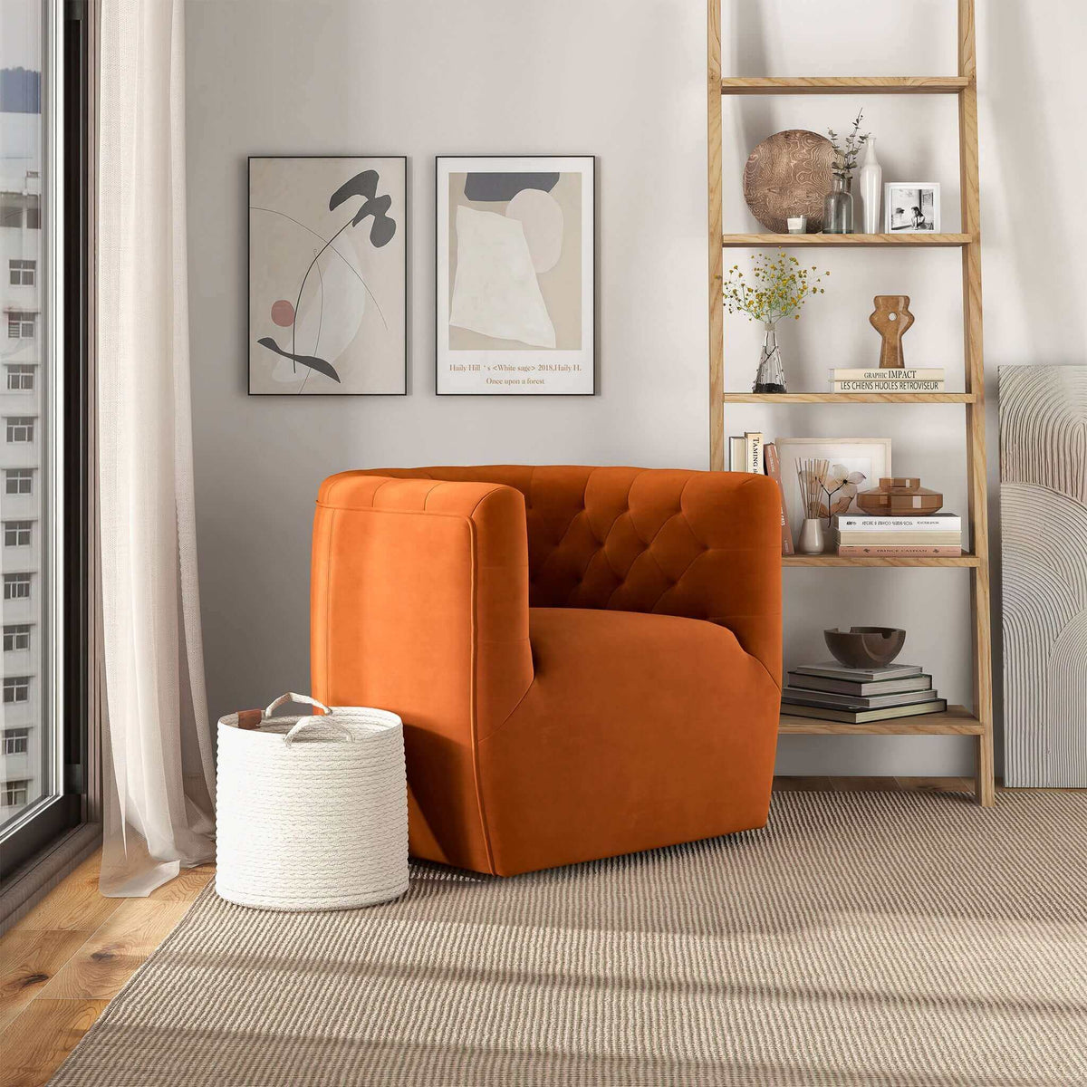 Silla giratoria Delaney de terciopelo naranja quemado