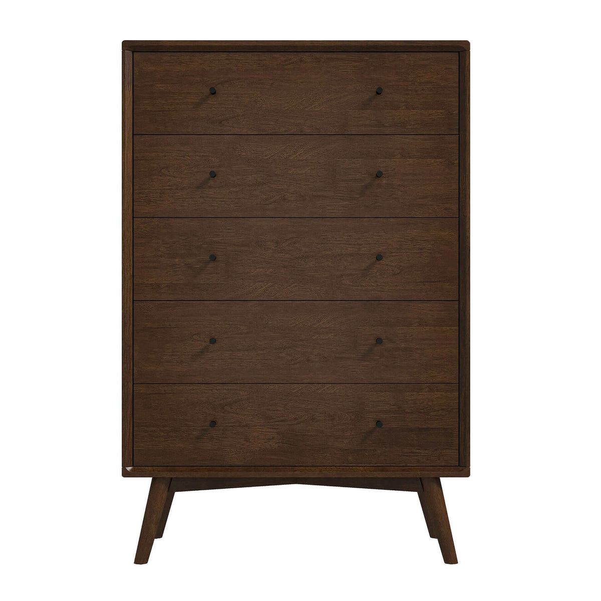 Cómoda moderna de mediados de siglo de madera maciza Caroline con 5 cajones