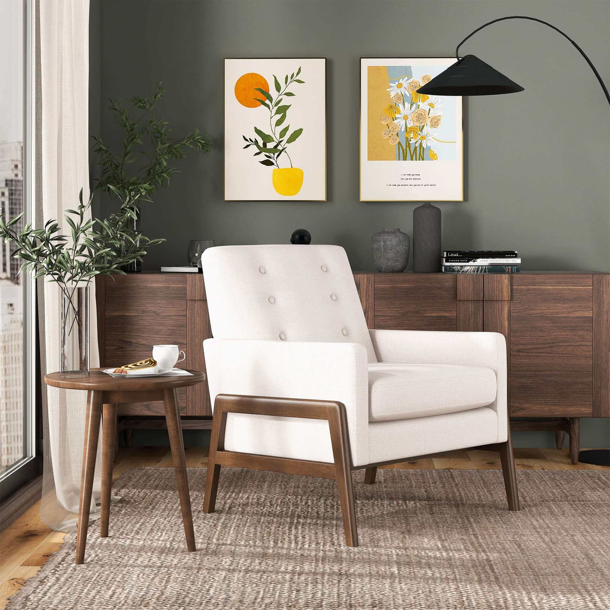 Sillón Cole de madera maciza de terciopelo beige
