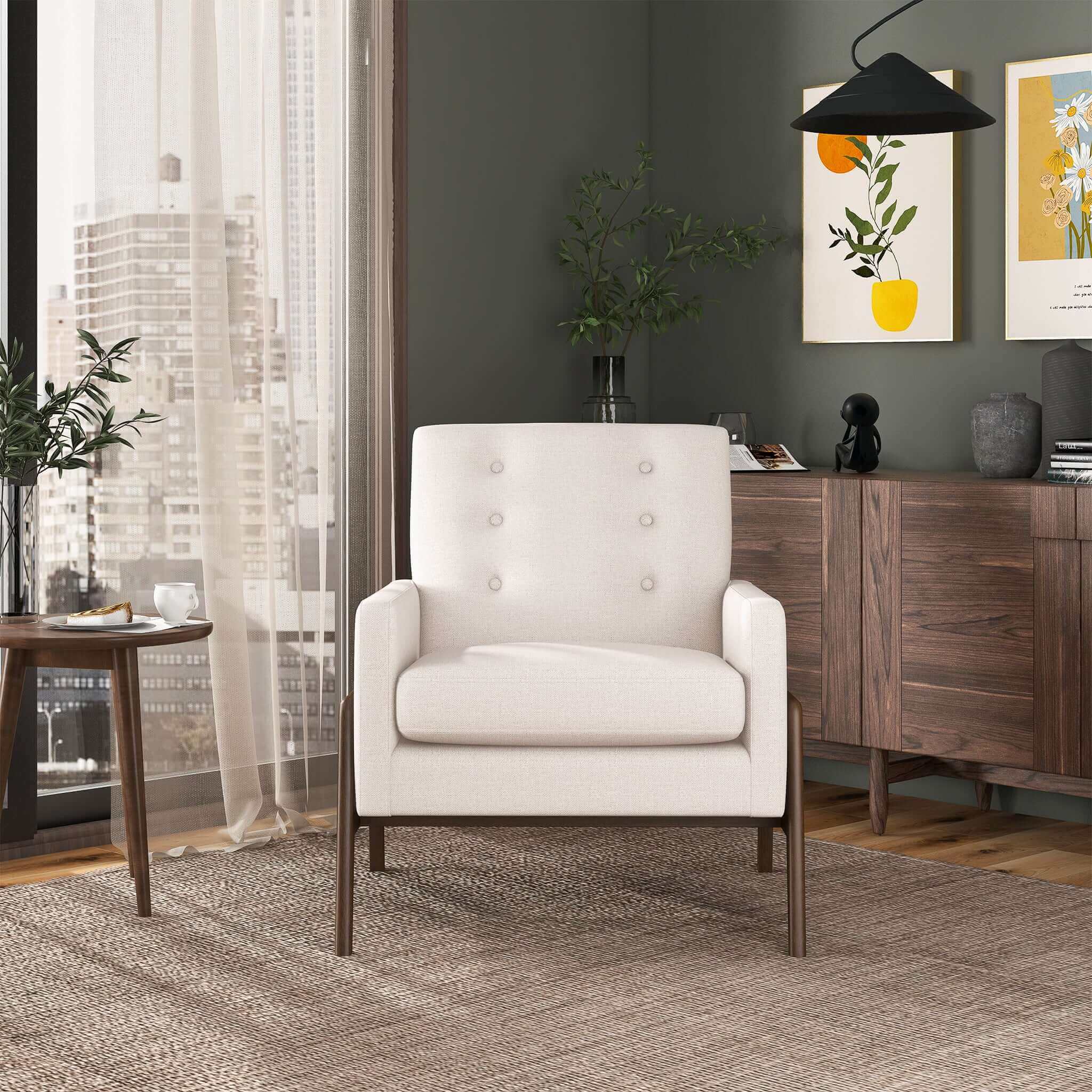 Sillón Cole de madera maciza de terciopelo beige