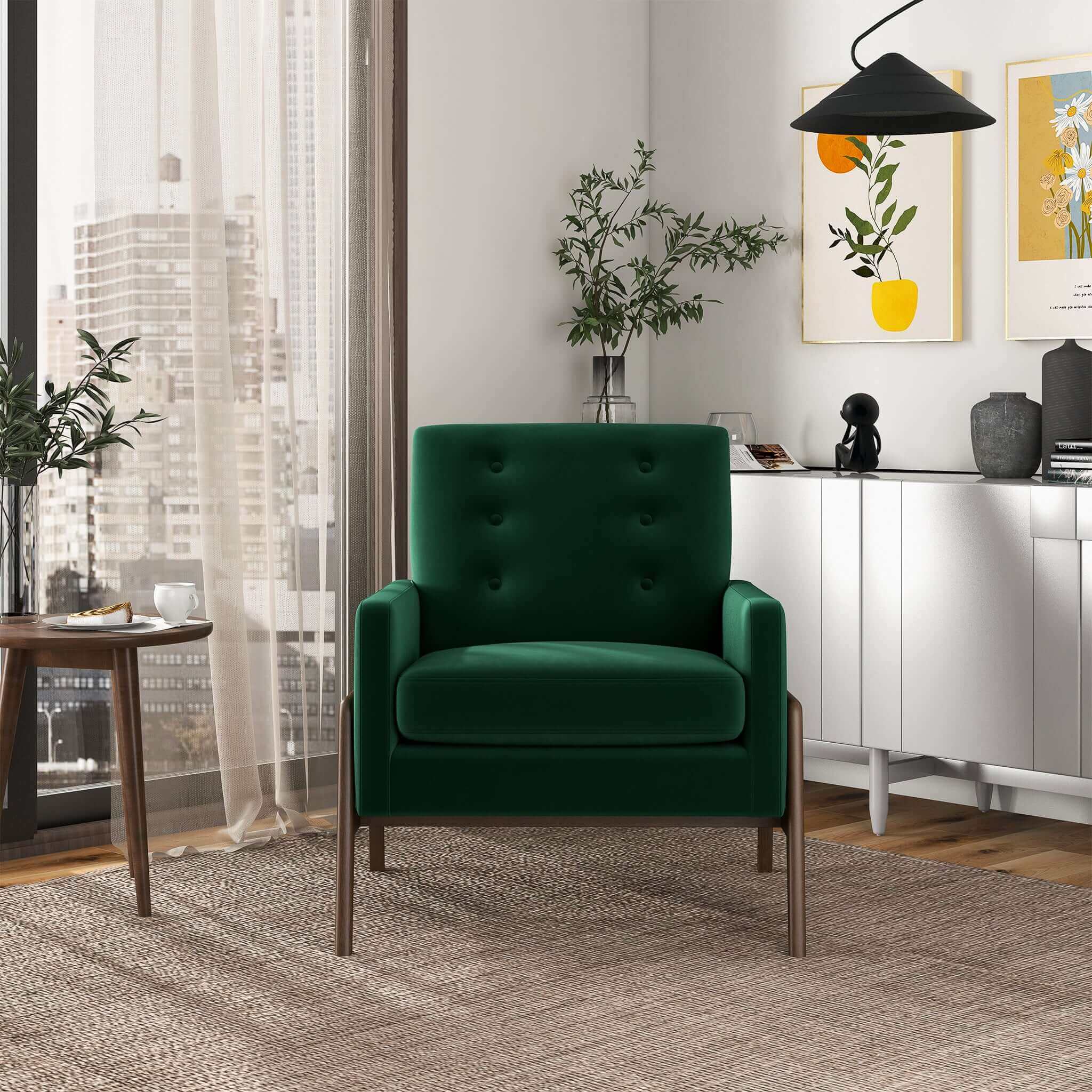 Sillón Cole de madera maciza de terciopelo verde