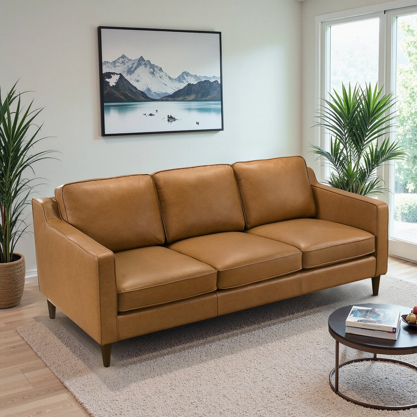 Cooper Mid Century Modern Tan Leather Sofa