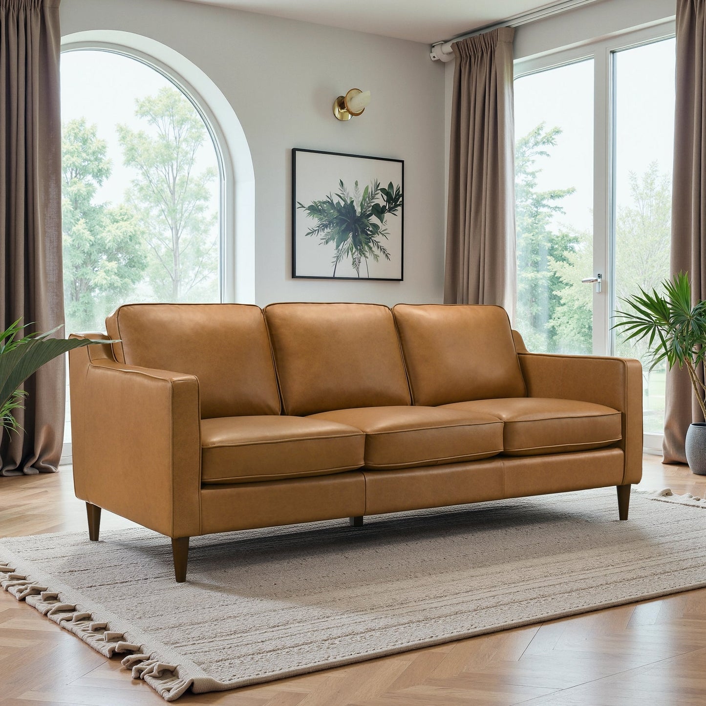 Cooper Mid Century Modern Tan Leather Sofa