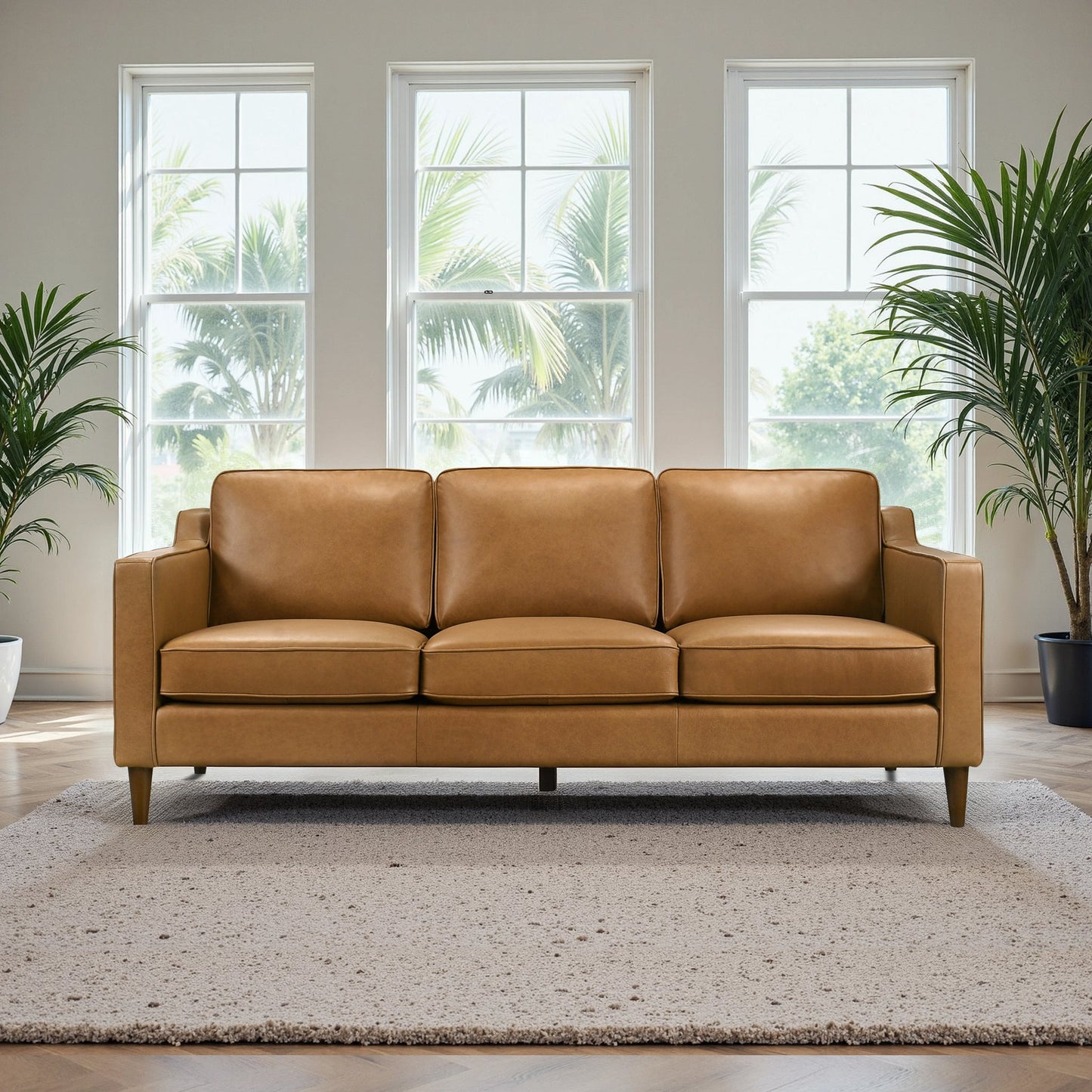 Cooper Mid Century Modern Tan Leather Sofa