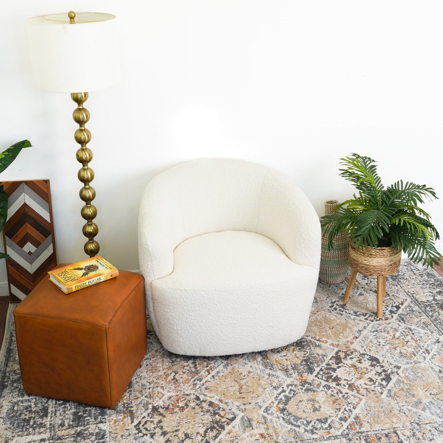 Mina White Boucle Swivel Chair