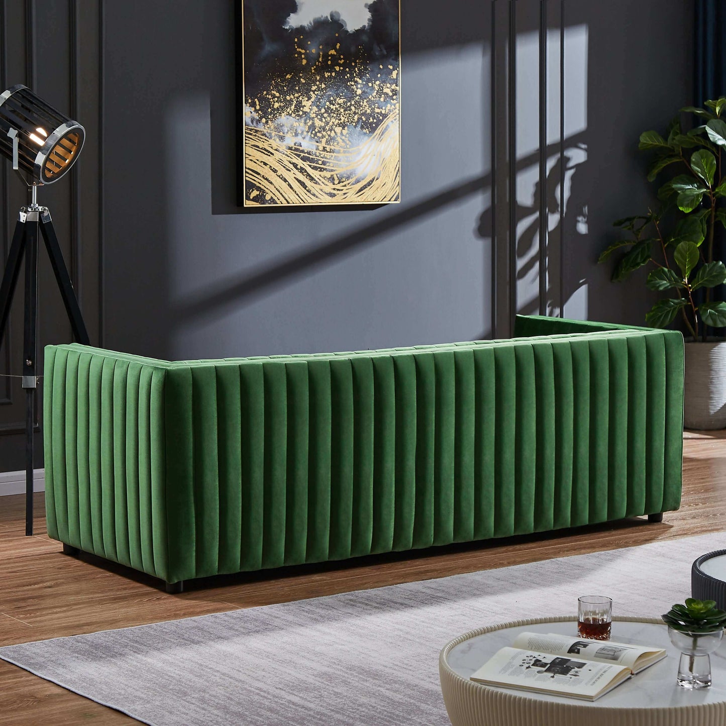Dominic Dark Green Channel Tufted Velvet Sofa