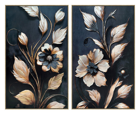''Opulent Gilded Botanical Duo'' Hand-painted Canvas in Frame (set)
