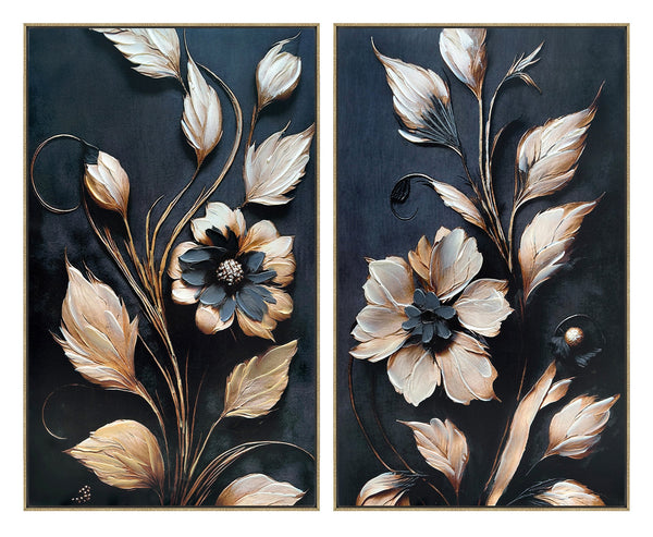 ''Opulent Gilded Botanical Duo'' Hand-painted Canvas in Frame (set)