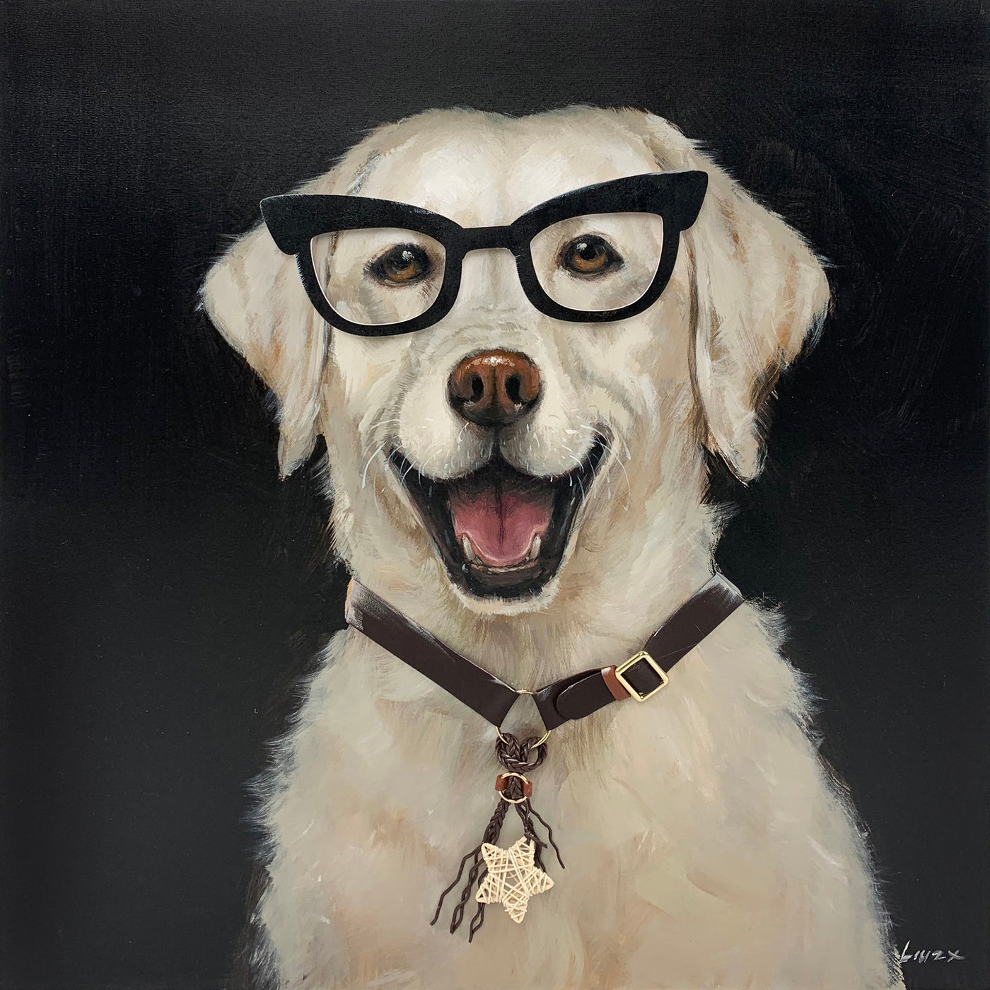 ''Dog with Glasses'' Hand-painted Wrapped Canvas
