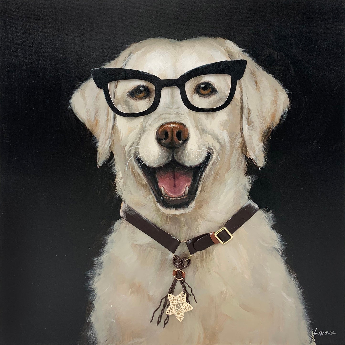 ''Dog with Glasses'' Hand-painted Wrapped Canvas