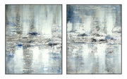 ''Horizon Mist Blue Textured Diptych'' Hand-painted Canvas in Frame (set)
