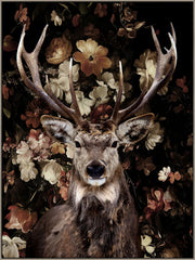 ''Deer on Flowers'' Hand-painted Gloss Canvas in Frame